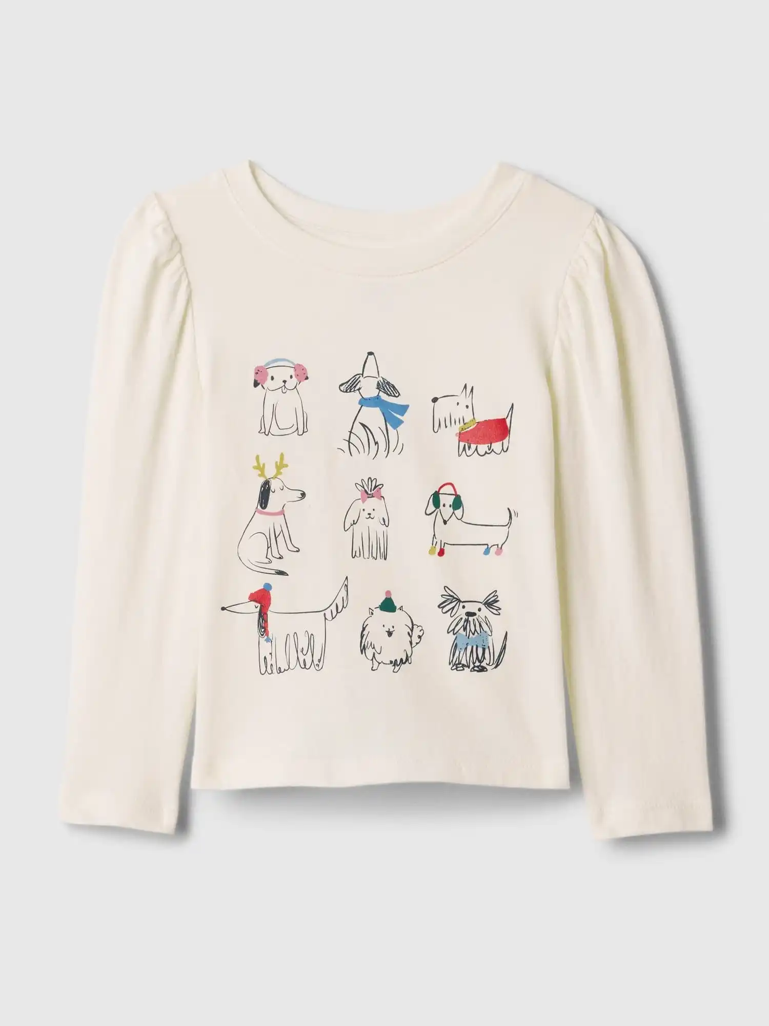 a puff sleeve tshirt with puppies on it